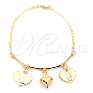 Pulsera de Dije 03.32.0270.07 Oro Laminado, Diseño de Corazón y Mariner, Pulido, Tono Dorado