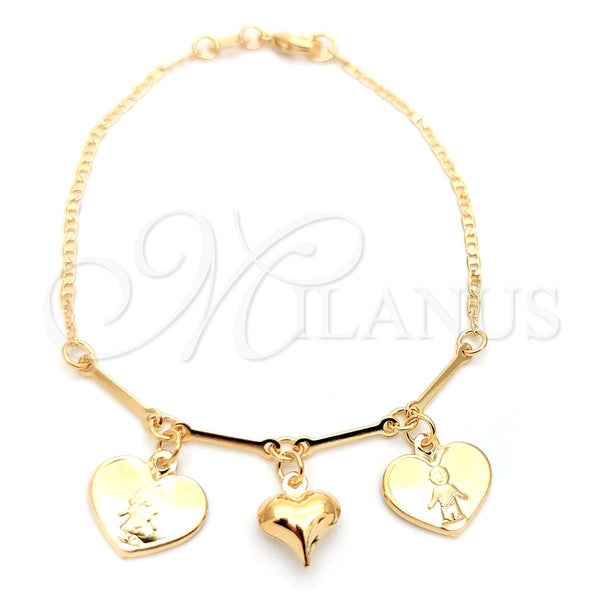 Pulsera de Dije 03.32.0270.07 Oro Laminado, Diseño de Corazón y Mariner, Pulido, Tono Dorado