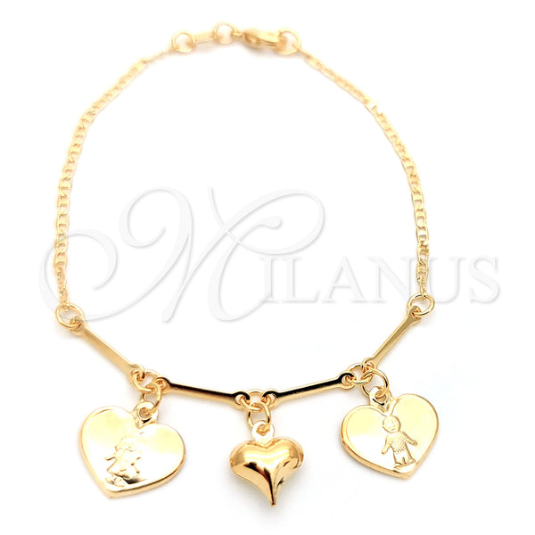 Pulsera de Dije 03.32.0270.07 Oro Laminado, Diseño de Corazón y Mariner, Pulido, Tono Dorado
