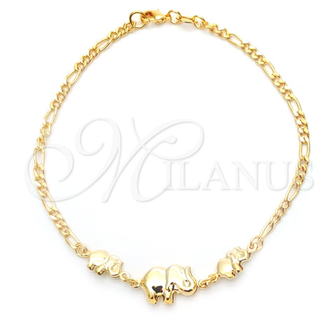 Pulsera Elegante 03.32.0275.08 Oro Laminado, Diseño de Elefante y Figaro, Pulido, Tono Dorado