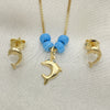 Juego de Arete y Dije de Adulto 10.09.0041 Oro Laminado, Diseño de Delfín y Box, con Aguamarina Opal, Pulido, Tono Dorado