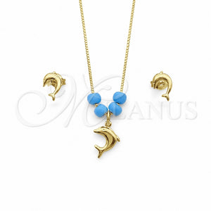 Juego de Arete y Dije de Adulto 10.09.0041 Oro Laminado, Diseño de Delfín y Box, con Aguamarina Opal, Pulido, Tono Dorado