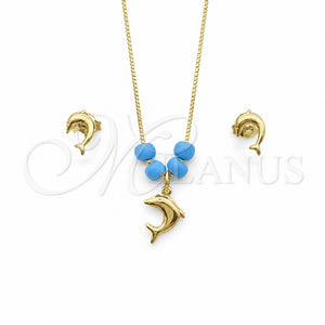 Juego de Arete y Dije de Adulto 10.09.0041 Oro Laminado, Diseño de Delfín y Box, con Aguamarina Opal, Pulido, Tono Dorado