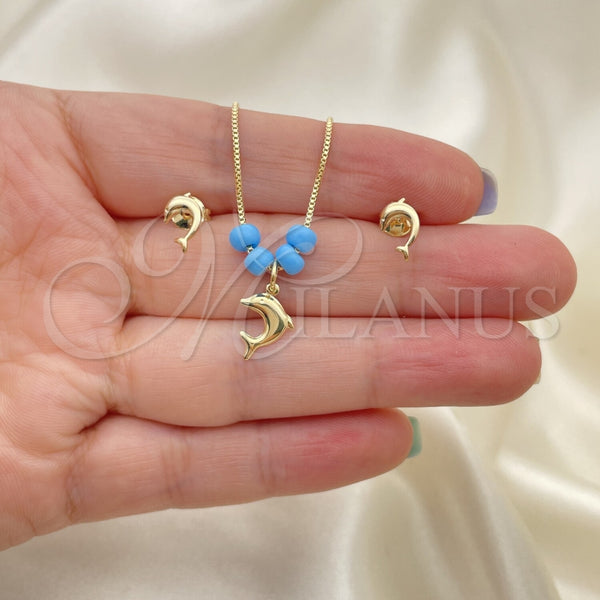 Juego de Arete y Dije de Adulto 10.09.0041 Oro Laminado, Diseño de Delfín y Box, con Aguamarina Opal, Pulido, Tono Dorado