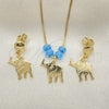 Juego de Arete y Dije de Adulto 10.09.0042 Oro Laminado, Diseño de Elefante y Box, con Aguamarina Opal, Pulido, Tono Dorado