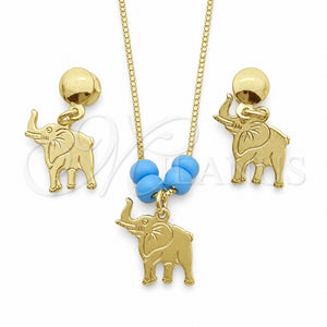 Juego de Arete y Dije de Adulto 10.09.0042 Oro Laminado, Diseño de Elefante y Box, con Aguamarina Opal, Pulido, Tono Dorado