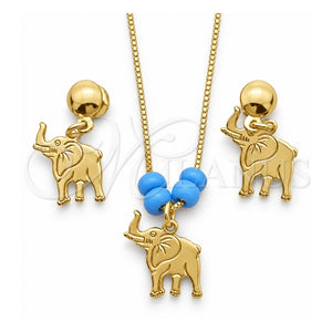 Juego de Arete y Dije de Adulto 10.09.0042 Oro Laminado, Diseño de Elefante y Box, con Opal Aguamarina, Pulido, Tono Dorado