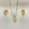 Juego de Arete y Dije de Adulto 10.09.0043 Oro Laminado, Diseño de Búho y Box, con Blanca Madre Perla, Pulido, Tono Dorado