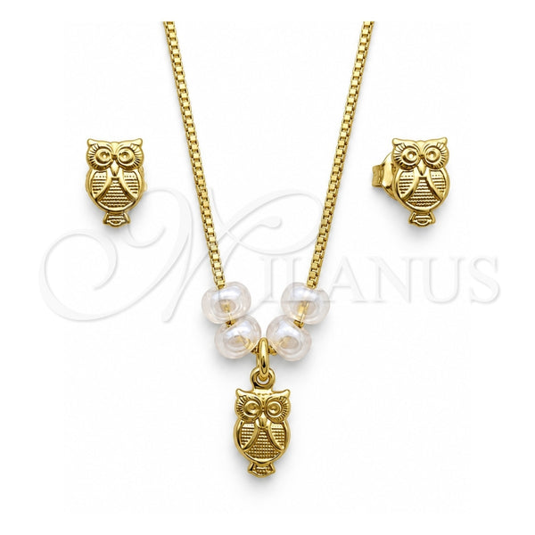 Juego de Arete y Dije de Adulto 10.09.0043 Oro Laminado, Diseño de Búho y Box, con Blanca Madre Perla, Pulido, Tono Dorado