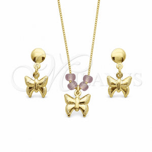 Juego de Arete y Dije de Adulto 10.09.0047 Oro Laminado, Diseño de Mariposa y Box, con Astral Pink Opal, Pulido, Tono Dorado