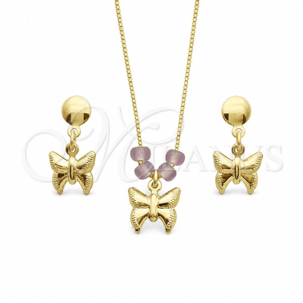 Juego de Arete y Dije de Adulto 10.09.0047 Oro Laminado, Diseño de Mariposa y Box, con Astral Pink Opal, Pulido, Tono Dorado