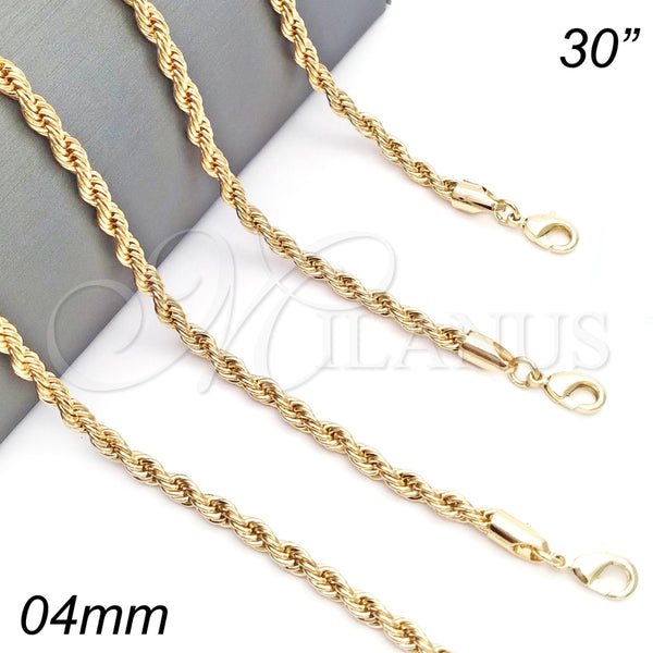 Gargantilla Basica 04.213.0102.30 Oro Laminado, Diseño de Rope, Pulido, Tono Dorado (04 MM Thickness, 30 Inches Length)