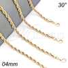 Gargantilla Basica 04.213.0102.30 Oro Laminado, Diseño de Rope, Pulido, Tono Dorado (04 MM Thickness, 30 Inches Length)