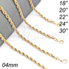 Gargantilla Basica 04.213.0102.30 Oro Laminado, Diseño de Rope, Pulido, Tono Dorado (04 MM Thickness, 30 Inches Length)