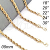 Gargantilla Basica 04.213.0103.20 Oro Laminado, Diseño de Rope, Pulido, Tono Dorado (Grosor 05 MM, 20 Pulgadas de Largo)