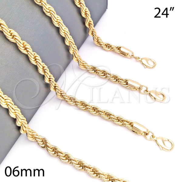 Gargantilla Basica 04.213.0206.24 Oro Laminado, Diseño de Rope, Pulido, Tono Dorado (06 MM Thickness, 24 Inches Length)