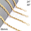 Gargantilla Basica 04.213.0206.24 Oro Laminado, Diseño de Rope, Pulido, Tono Dorado (06 MM Thickness, 24 Inches Length)