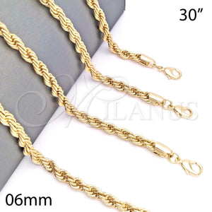 Gargantilla Basica 04.213.0206.30 Oro Laminado, Diseño de Rope, Pulido, Tono Dorado (06 MM Thickness, 30 Inches Length)