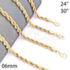 Gargantilla Basica 04.213.0206.30 Oro Laminado, Diseño de Rope, Pulido, Tono Dorado (06 MM Thickness, 30 Inches Length)