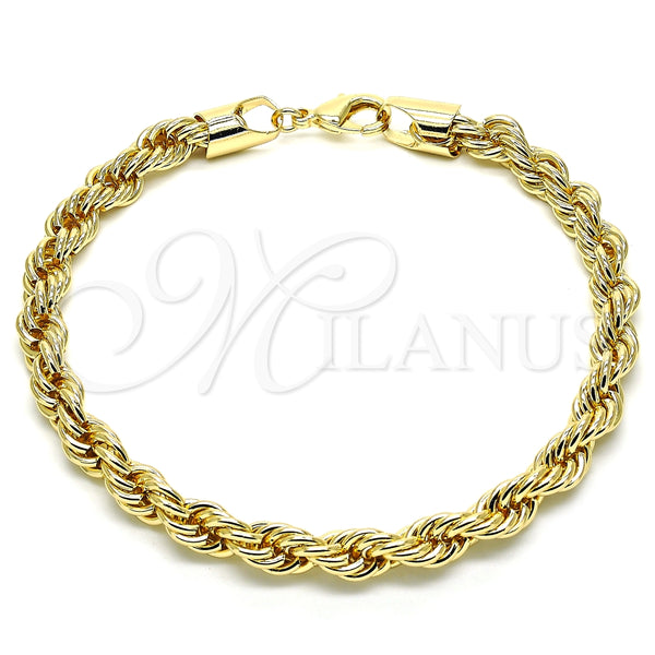 Tobillera Básica 04.213.0207.10 Oro Laminado, Diseño de Rope, Pulido, Tono Dorado (07 MM Thickness, 10 Inches Length)