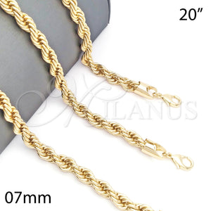 Gargantilla Basica 04.213.0207.20 Oro Laminado, Diseño de Rope, Pulido, Tono Dorado (07 MM Thickness, 20 Inches Length)
