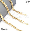 Gargantilla Basica 04.213.0207.20 Oro Laminado, Diseño de Rope, Pulido, Tono Dorado (07 MM Thickness, 20 Inches Length)
