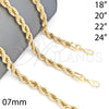Gargantilla Basica 04.213.0207.20 Oro Laminado, Diseño de Rope, Pulido, Tono Dorado (07 MM Thickness, 20 Inches Length)