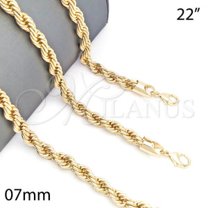 Gargantilla Basica 04.213.0207.22 Oro Laminado, Diseño de Rope, Pulido, Tono Dorado (07 MM Thickness, 22 Inches Length)