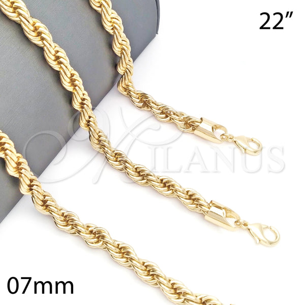 Gargantilla Basica 04.213.0207.22 Oro Laminado, Diseño de Rope, Pulido, Tono Dorado (07 MM Thickness, 22 Inches Length)