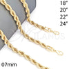 Gargantilla Basica 04.213.0207.22 Oro Laminado, Diseño de Rope, Pulido, Tono Dorado (07 MM Thickness, 22 Inches Length)