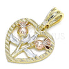 Dije Elegante 05.351.0112.1 Oro Laminado, Diseño de Corazón y Flor, Pulido, Tres Tonos