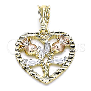 Dije Elegante 05.351.0112.1 Oro Laminado, Diseño de Corazón y Flor, Pulido, Tres Tonos