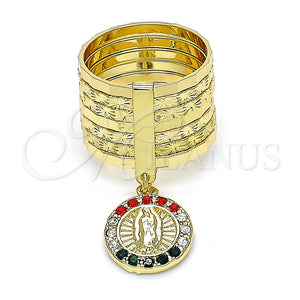 Anillo Multi Piedra 01.253.0039.1.09 Oro Laminado, Diseño de Semanario y Guadalupe, con Multicolor Cristal, Pulido, Tono Dorado (Size 9)