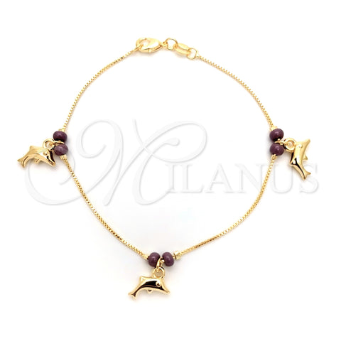 Pulsera de Dije 03.32.0291.07 Oro Laminado, Diseño de Delfín y Box, con Violeta Opal, Pulido, Tono Dorado