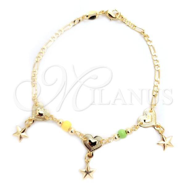 Pulsera de Dije 03.32.0295.07 Oro Laminado, Diseño de Corazón y Estrella, con Amarillo and Aceituna Claro Opal, Pulido, Tono Dorado