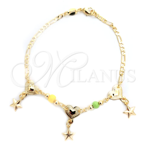 Pulsera de Dije 03.32.0295.07 Oro Laminado, Diseño de Corazón y Estrella, con Amarillo and Aceituna Claro Opal, Pulido, Tono Dorado