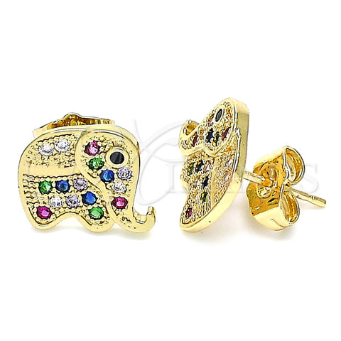 Arete Dormilona 02.210.0355.1 Oro Laminado, Diseño de Elefante, con Multicolor Micro Pave, Pulido, Tono Dorado