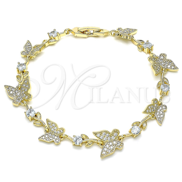 Pulsera Elegante 03.210.0141.08 Oro Laminado, Diseño de Mariposa y Oja, con Blanca Micro Pave and Blanca Zirconia Cubica, Pulido, Tono Dorado (12 MM Thickness, 8 Inches Length)