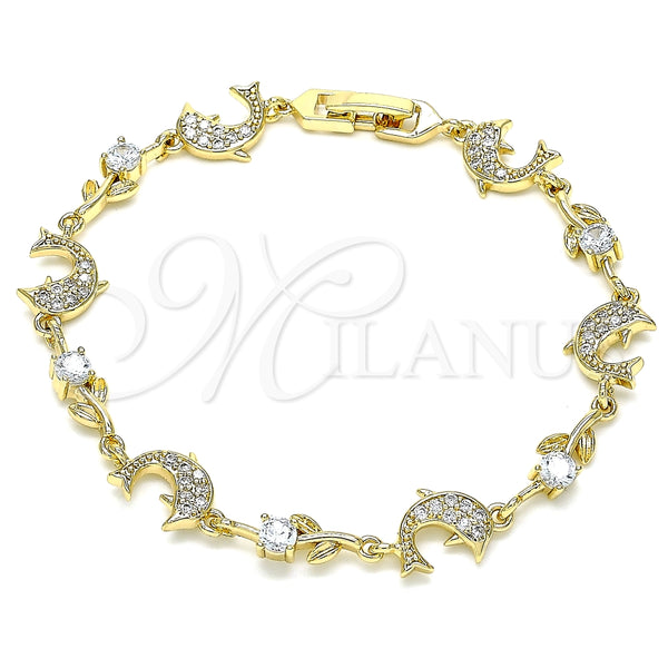 Pulsera Elegante 03.210.0145.08 Oro Laminado, Diseño de Delfín y Oja, con Blanca Micro Pave and Blanca Zirconia Cubica, Pulido, Tono Dorado (09 MM Thickness, 8 Inches Length)