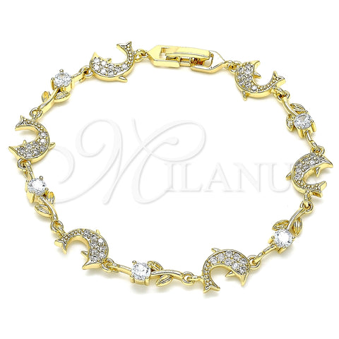Pulsera Elegante 03.210.0145.08 Oro Laminado, Diseño de Delfín y Oja, con Blanca Micro Pave and Blanca Zirconia Cubica, Pulido, Tono Dorado (09 MM Thickness, 8 Inches Length)