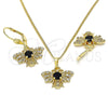 Juego de Arete y Dije de Adulto 10.210.0140.2 Oro Laminado, Diseño de Abeja, con Negro and Blanca Zirconia Cubica, Pulido, Tono Dorado