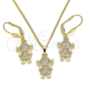 Juego de Arete y Dije de Adulto 10.210.0142 Oro Laminado, Diseño de Niñita Pequeña, con Blanca Micro Pave, Pulido, Tono Dorado