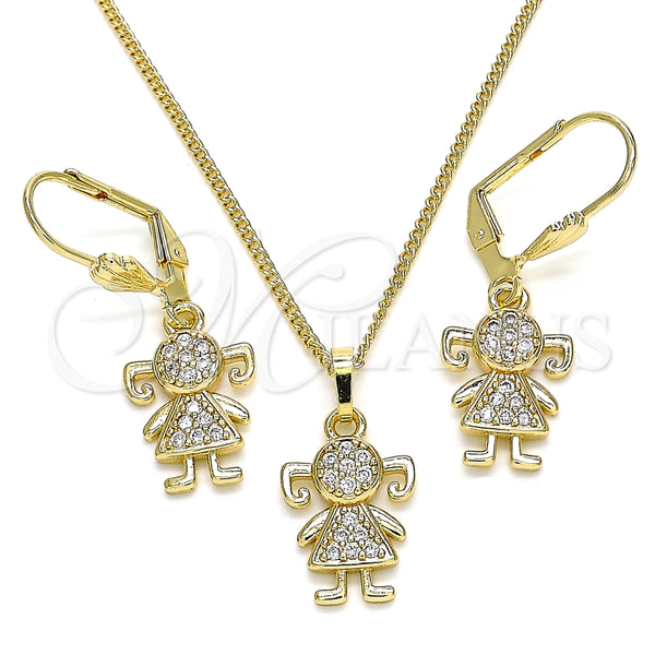 Juego de Arete y Dije de Adulto 10.210.0142 Oro Laminado, Diseño de Niñita Pequeña, con Blanca Micro Pave, Pulido, Tono Dorado