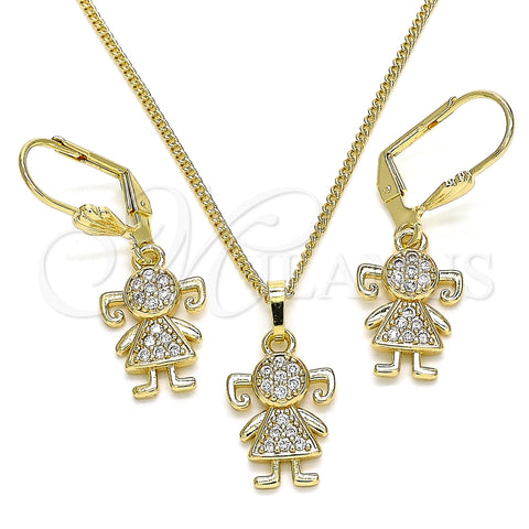 Juego de Arete y Dije de Adulto 10.210.0142 Oro Laminado, Diseño de Niñita Pequeña, con Blanca Micro Pave, Pulido, Tono Dorado
