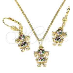 Juego de Arete y Dije de Adulto 10.210.0142.1 Oro Laminado, Diseño de Niñita Pequeña, con Multicolor Micro Pave, Pulido, Tono Dorado