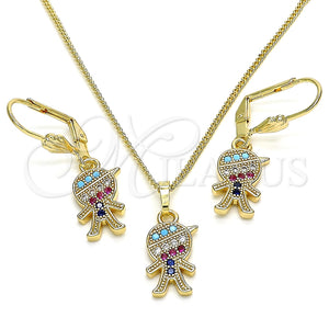 Juego de Arete y Dije de Adulto 10.210.0143.1 Oro Laminado, Diseño de Niñito Pequeño, con Multicolor Micro Pave, Pulido, Tono Dorado