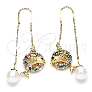 Arete Violador 02.210.0364.1 Oro Laminado, Diseño de Delfín, con Multicolor Micro Pave, Pulido, Tono Dorado