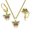 Juego de Arete y Dije de Adulto 10.210.0148.1 Oro Laminado, Diseño de Mariposa, con Multicolor Micro Pave, Pulido, Tono Dorado