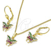 Juego de Arete y Dije de Adulto 10.210.0148.1 Oro Laminado, Diseño de Mariposa, con Multicolor Micro Pave, Pulido, Tono Dorado