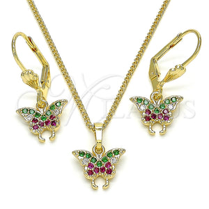 Juego de Arete y Dije de Adulto 10.210.0148.1 Oro Laminado, Diseño de Mariposa, con Multicolor Micro Pave, Pulido, Tono Dorado